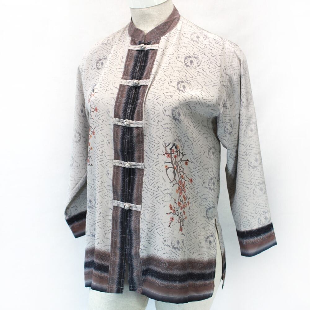 Vintage Chico's silk oriental cherry print collar blouse top shirt Size 2 Large